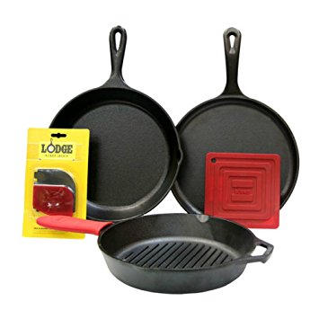 Lodge 6 Piece Seasoned Cast Iron Cookware and Accessories Set (Grill Pan Set) - Complete with Grill Pan, Skillet, Griddle, Pot Holder, Hot Handle Holder, and Pan Scrapers (Made in USA)