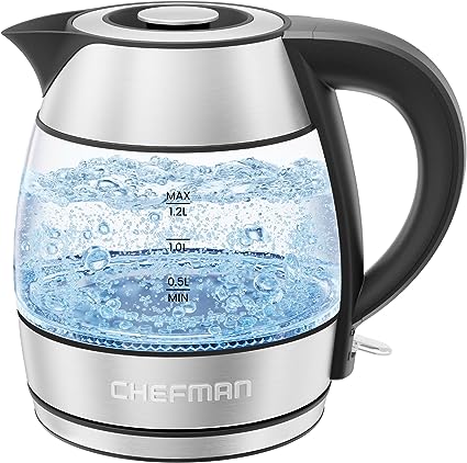 Chefman 1.2L Electric Tea Kettle with LED Lights, Automatic Shut Off, Removable Lid, Boil-Dry Protection, Hot Water Electric Kettle Water Boiler, Electric Kettles for Boiling Water