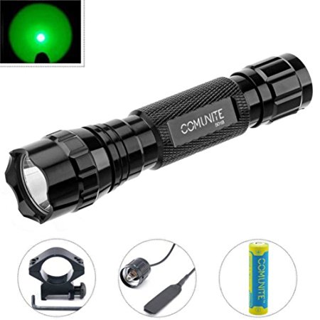 Comunite Portable 501B Green Cree LED Tactical Flashlight Coyote Hog Hunting Fishing Light Torch Set with Scope Gun Mount and Remote Pressure Switch (18650 Rechargeable Battery and Charger Included)
