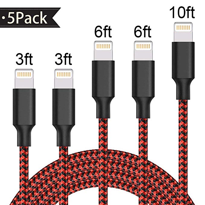 Lightning Cable,AOFU Charger Cables 5Pack 2x3FT 2x6FT 10FT to USB Syncing and Charging Cable Data Nylon Braided Cord Charger for iPhoneX/8plus/8/7/7Plus/6/6Plus/6s/6s Plus/5/5s/5c/SE and more-BlackRed