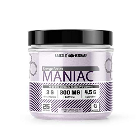 Maniac Preworkout Powder by Anabolic Warfare – Preworkout Supplement with Caffeine and Beta-Alanine (Grape - 25 Servings)