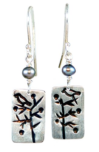 Sterling Silver Tree Earrings Birds Pearls Lightweight Dangles Grey Pearls