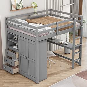 Full Size Loft Bed with Desk & Wardrobe, Solid Wood Kids Loft Bedframe w/3 Storage Drawers & 2 Shelves, Maximum Space Design, for Bedroom, Dorm, Gray