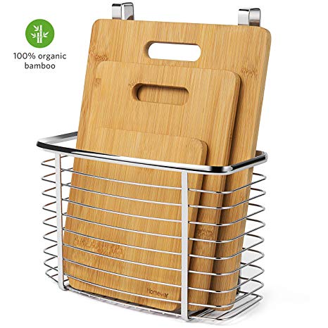 Cutting Board, Homever 3-Piece Bamboo Cutting Board Set PLUS Hanging Basket - Anti-bacterial Organic Chopping Boards with A Stainless Steel Storage Wire Basket Holder