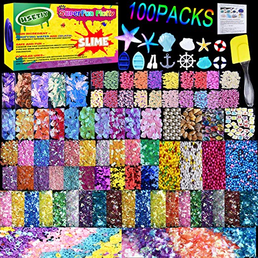 HSETIY Slime Supplies Kit, 100 Pack Slime Stuff Charms Include Floam Balls, Cake Flower Fruit Slices, Fishbowl Beads, Shell, Slime Accessories for DIY Slime Making Kit, Slime Party Decoration（No Slim
