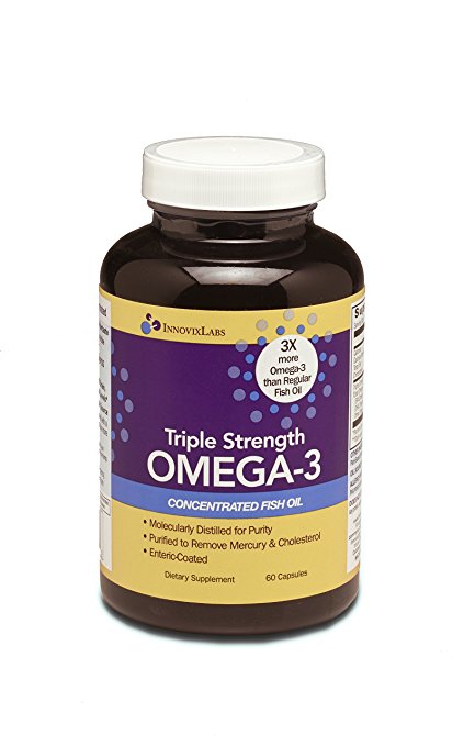 Triple Strength OMEGA-3 (by InnovixLabs). Concentrated Fish Oil, 900 mg Omega-3 per Pill. Enteric Coated, Odorless & Burp-Free. (60)