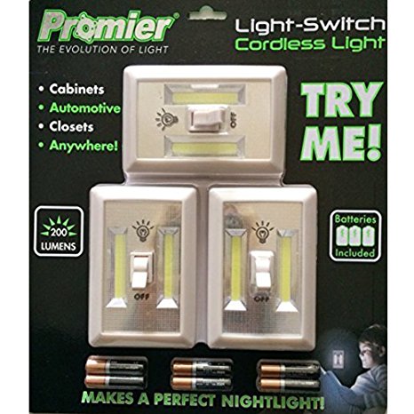Promier Products Inc Light-Switch Cordless Light 200 Lumens - BONUS 3 PACK!!! - Batteries Included