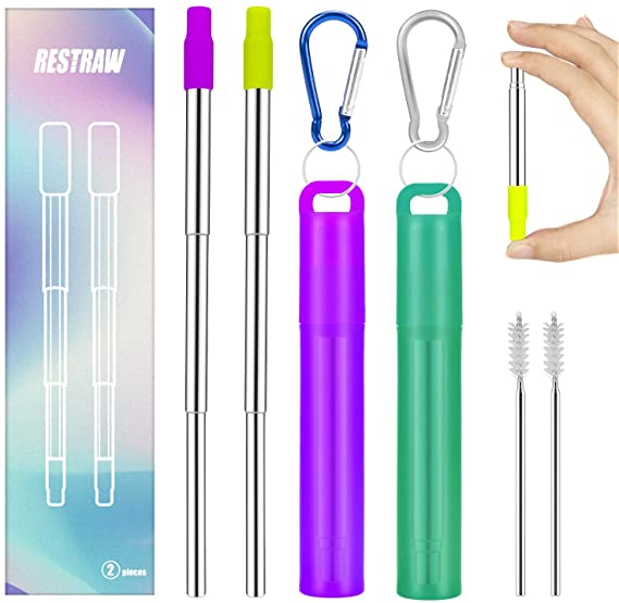 Metal Straws Reusable Collapsible Stainless Steel Straws Portable Telescopic Drinking Straw for Tumbler Cold Beverage with Aluminum Key-chain Cases, Cleaning Brushes (silver, set of 2)