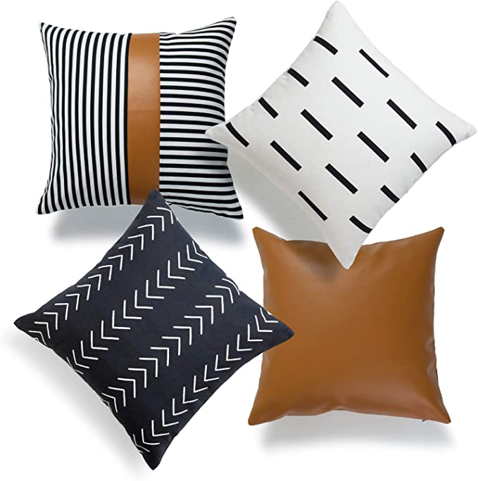 Hofdeco Mudcloth Faux Leather Pillow Covers ONLY, Black White Camel Stripes, 18"x18", Set of 4