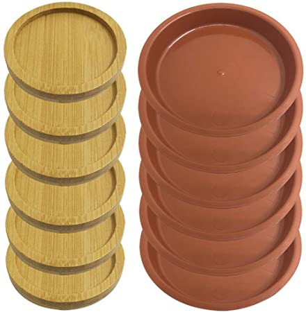 AIFUDA 6 Pcs 2.5 Inch Bamboo Round Plant Saucer and 6 Pcs 4.3In Plastic Plant Flower Pot Drip Trays for Indoor Outdoor Garden