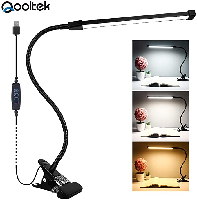 Qooltek Flexible Clip Desk Lamp Reading Light with 3 Color & 10 Brightness, Auto-Off & Memory Function, Clip on Light for Piano, Reading, Working, Relaxing Black