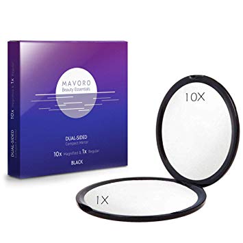 Magnifying Compact Mirror 10X Magnification - 1X Mirror 2-sided, 4 inch Handheld Magnified MakeUp Mirror for Purse, Pocket And Travel, Mavoro Beauty Essentials (Black)