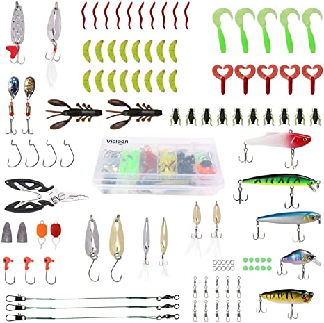 Vicloon 110 PCS Fishing Lures, Fishing Spinners Including Tackle Box, Spinners, VIB, Treble Hooks, Single Hooks, Swivels, Pliers, etc Fishing Tackle for Freshwater Saltwater Fishing