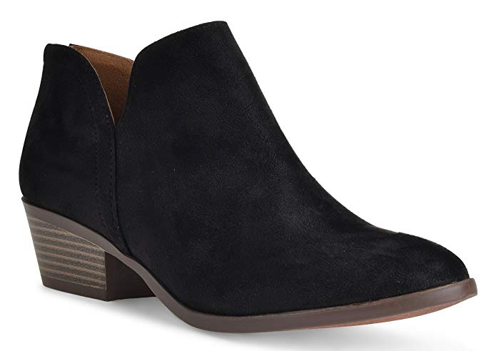 Women's Madeline Western Almond Round Toe Slip on Bootie - Low Stack Heel - Zip Up - Casual Ankle Boot