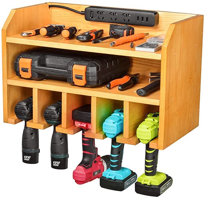 Power Tool Organizer | Drill Charging Station | Power Drill Storage | Wall Mounted Tool Storage Garage Organizer - (Power Strip is Not Included)