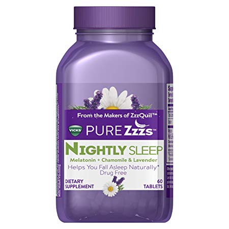 Vicks PURE Zzzs Nightly Sleep Melatonin Sleep Aid tablets with Chamomile, Lavender, & Valerian Root, 1mg per tablet, 60 ct