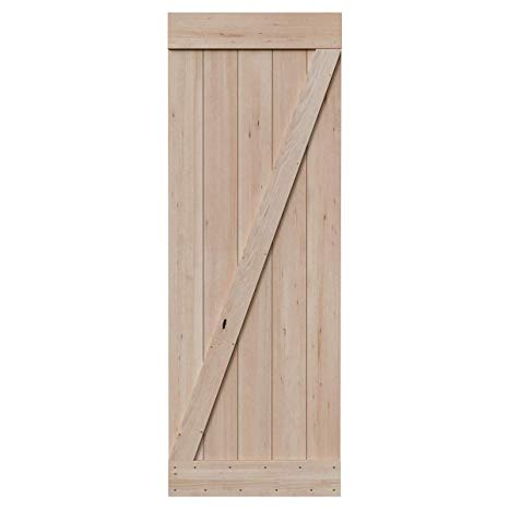 SmartStandard 30in x 84in Sliding Barn Wood Door Pre-Drilled Ready to Assemble, DIY Unfinished Solid Hemlock Wood Panelled Slab, Interior Single Door, Natural, Frameless Z-Shape (Fit 5FT Rail)