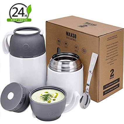 2 Pack Thermos Food Jar Soup Thermos For Kids Vacuum Insulated Lunch Containers for Hot Food 24 oz and 17 oz Stainless Steel Flask Containers Hot Cold Meals Soup Bowls, Baby Food Storage (White)