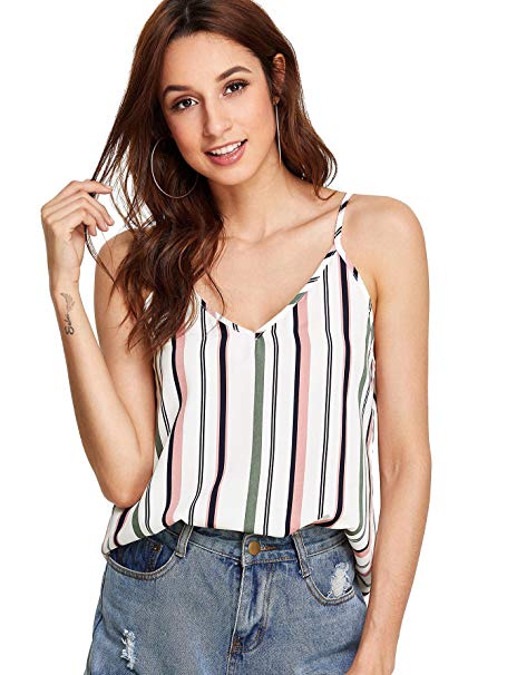 Romwe Women's Summer Colorblock Striped Print Cami Top