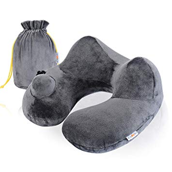 FINDANOR Inflatable Travel Pillow, The Inflatable Neck Pillow with Washable Soft Velvet Cover, Travel Neck Pillow for Airplane,Office Napping and Camping, Free Storage Bag.