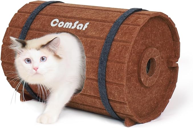 ComSaf Cat House for Indoor Cats, Felt Cat House Cat Cave Bed, Covered Cat Hideaway Bed Cave for Kittens, Durable Cat Scratcher House, Cute Cat Bed Wine Barrel Shape, Small Cat Play House Foldable