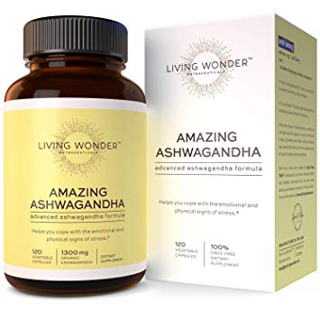 Living Wonder Ashwagandha Capsules - 1300mg -Organic Ashwaganda, with Black Pepper, Calming Blend - Adaptogen Herb for Anti Anxiety, Stress Relief, Adrenal Supplement - 120 Capsules