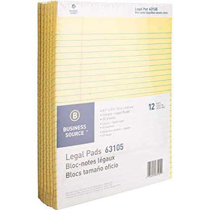Business Source Micro-Perforated Legal Ruled Pads, Canary Paper, 8-1/2"x11-3/4" (63105)