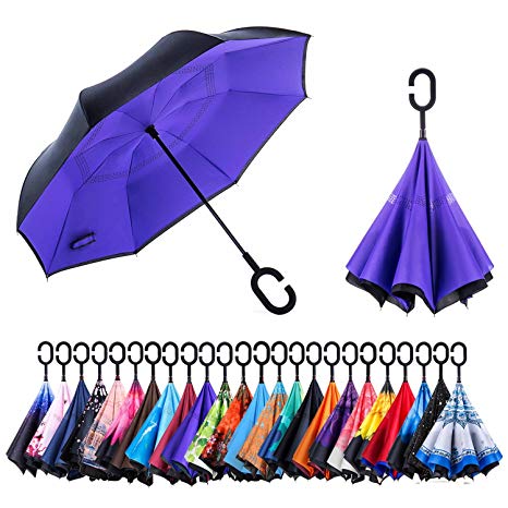 AmaGo Double Layer Inverted Umbrella – Upside Down Inside Out Reverse Umbrella,C-Shape Handle & Self-Stand to Spare Hands, Carrying Bag for Traveling
