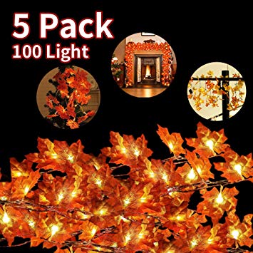 HWG Maple Leaves String Lights, 5 Packs Fall Thanksgiving Decors, Each with 10Ft 20LED Waterproof String Lights Operated by 3 AA Battery Switch for Autumn Harvest Christmas Birthday Party Decorations