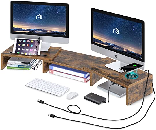 Rolanstar Monitor Stand Riser with Wireless Charger and 4-Port USB Hub, 3 Shelf Desktop Stand with Phone Holder, Adjustable Desk Organizer Stand for Laptop/Computer/Tablet,Rustic Brown