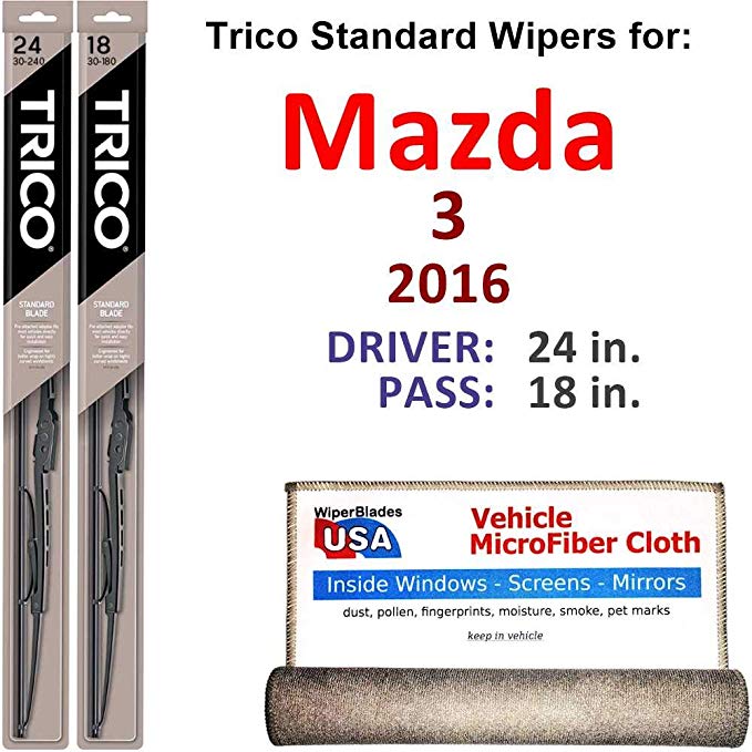 Wiper Blades for 2016 Mazda 3 Driver & Passenger Trico Steel Wipers Set of 2 Bundled with Bonus MicroFiber Interior Car Cloth