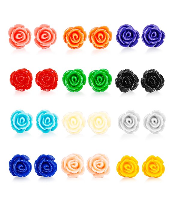 LOYALLOOK 12 Pairs Assorted Colors Resin Rose Flower Earring Studs Set Stainless Steel Post,Nickel-free