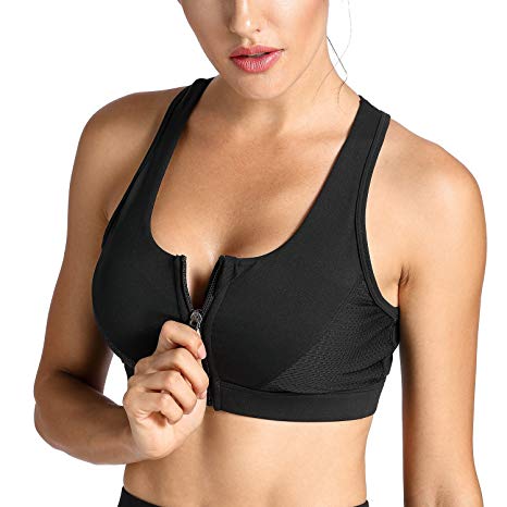 CRZ YOGA Women's High Impact Zipper Front Sports Bra Wirefree Removable Pads Yoga Top