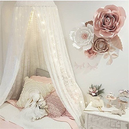 Princess Bed Canopy Lace Mosquito Net for Kids Baby , Round Dome Kids Indoor Outdoor Castle Play Tent Hanging House Decoration Reading Nook Cotton Canvas Height 270cm/107 inch (White)