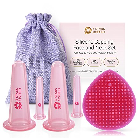 Silicone Facial Cupping Therapy Set - Anti-Wrinkle and Anti-Aging effect, Headache Relief. Ultimate Facial Kit with Exfoliating Brush for Deep Cleansing. 100% Hygienic.