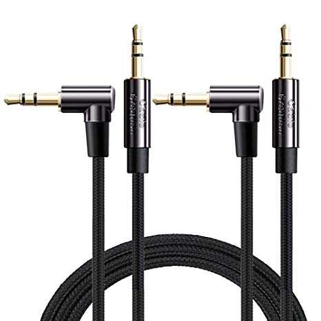 Audio Cable,CableCreation [2-Pack 6FT] 3.5mm Right Angle Male to Male Auxiliary Stereo HiFi Cable with Silver-Plating Copper Core Compatible Car,iPhones,Tablets,24K Gold Plated, Black