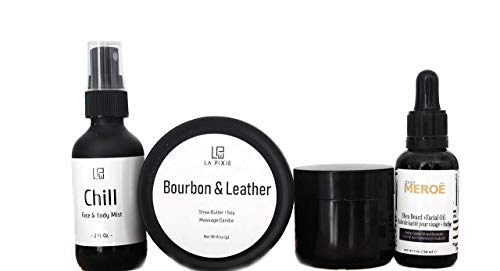 Beard and Grooming Gift Set, Luxurious Father's Day Box, Men Self Care Gift Set, Beard Oil Care, Beard Balm, Stress Relief Facial Mist, Bourbon and Leather, Massage Candle and Beard Comb.