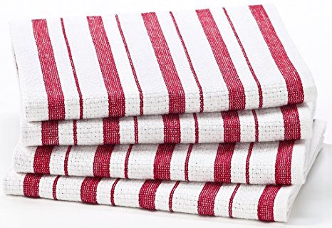 Cotton Craft - 4 Pack Dish Cloths, 15x15 - Red, Pure 100% Cotton, Crisp Basket weave striped pattern, Convenient hanging loop - Highly absorbent, Professional Grade, Soft yet Sturdy