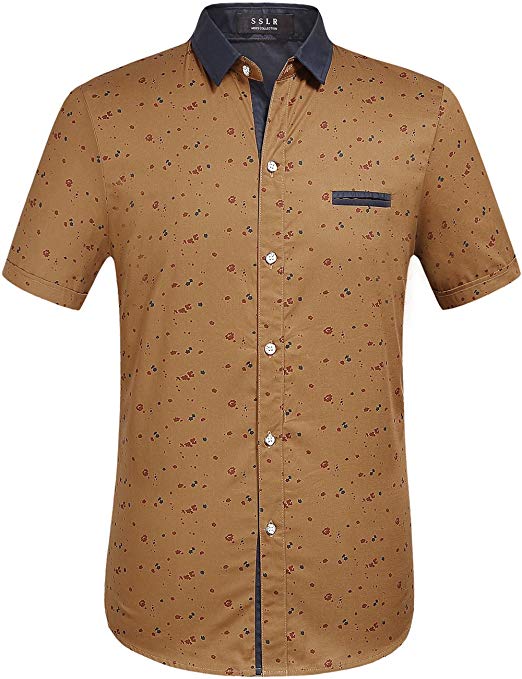 SSLR Mens Printing Pattern Casual Short Sleeve Shirt (Large, Brown)