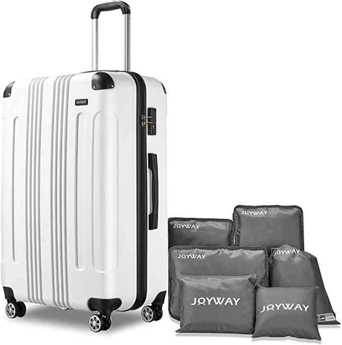 Joyway Luggage Suitcase, 7 PCS Luggage with Spinner Wheels ,28 inch Suitcase with TSA Lock, Large Hardside Luggage (White/Black, 28")