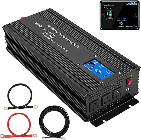 Bapdas 1000W Pure Sine Wave Power Inverter DC 12V to AC 110V Remote Control Household Power 3 AC 110v Outlets and 1 USB Port with LCD Display