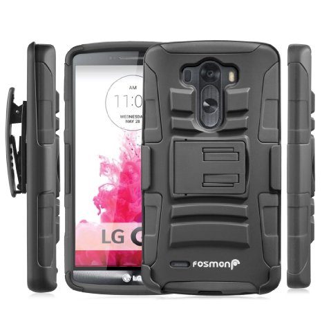 Fosmon STURDY Shock Absorbing Dual Layer Hybrid Holster Cover Kickstand Case for LG G3 - Retail Packaging (Black)