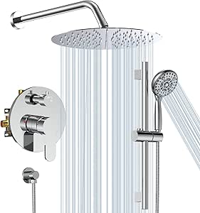 SR SUN RISE 12 Inch Shower System, Slide Bar Shower Faucets Sets Complete Round Shower Heads and 6-Spray Handheld Combo, Wall Mounted Dual Shower Set Included Valve and Trim Kit, Polished Chrome