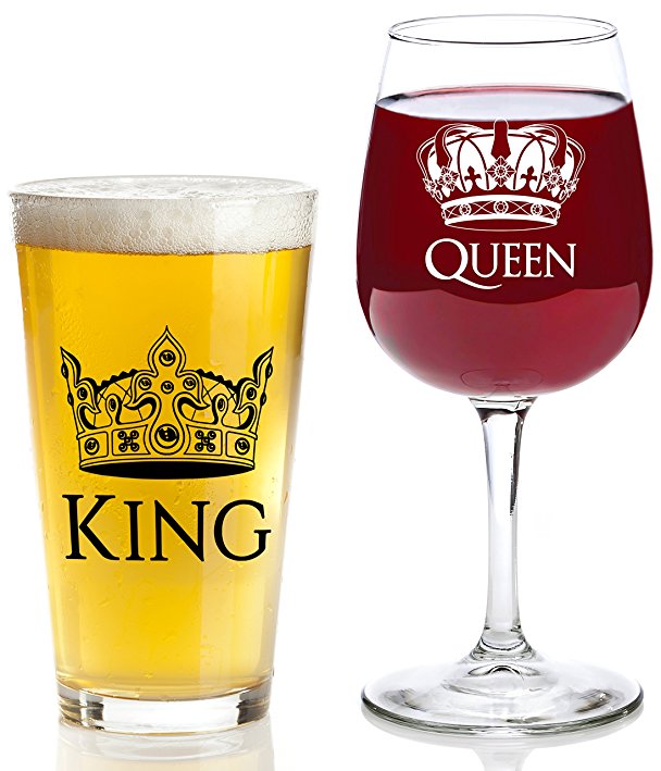 King and Queen Gift Set - 16 oz Beer Pint Glass, 13 oz Wine Glass - Valentines Day Present Idea, Wedding, Engagement, Housewarming, Anniversary, Newlyweds, Couples, Parents, Mom, Dad, Him, Her, Mr Mrs