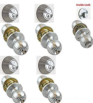 4 Sets of NuSet(26D) Entry Door Knob and Single Cylinder Dead Bolt Combo in Satin Chrome Finishing, all Keyed Same