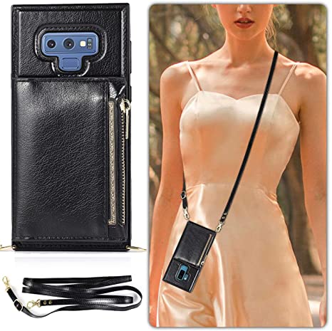 Ranyi Galaxy Note 9 Case, Women Girl Detachable Crossbody Strap Lanyard Wallet Case with Card Holder Slots Kickstand Feature Protection Zipper Wallet Purse Case for Samsung Galaxy Note 9 -Black