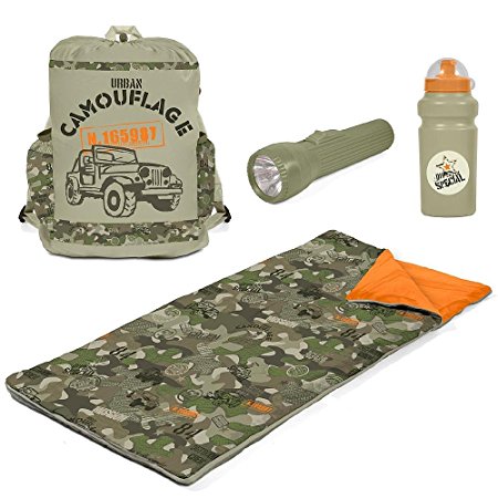 CCs Camouflage Sleeping Bag Set with Flashlight, Water Bottle, Backpack for Kids. Camo Slumber Duffle Combo - Bunk Adventure in a Bag.