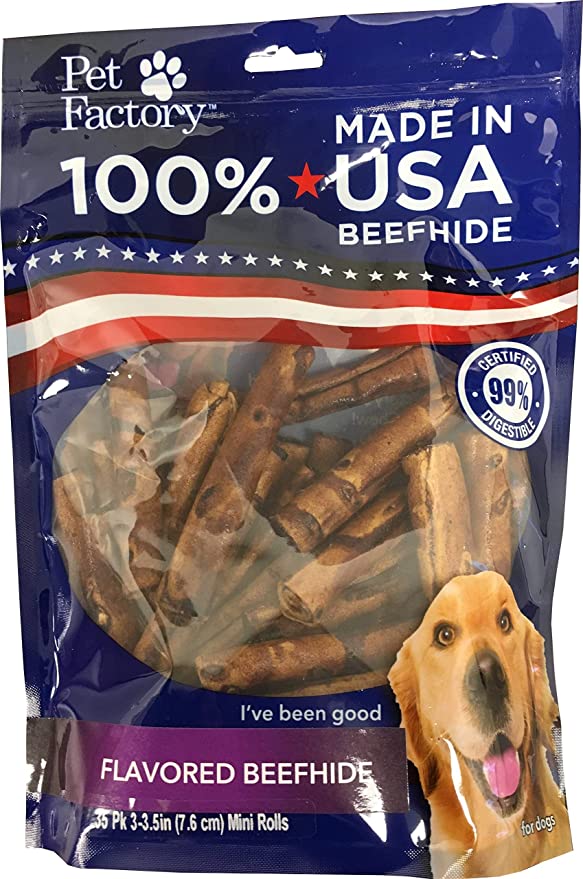 Pet Factory 78140 Beefhide | Dog Chews, 99% Digestive, Rawhides to Keep Dogs Busy While Enjoying, 100% Natural, Beef Flavored Mini Rolls, Pack of 35 in 3-3.5" Size, Made in USA