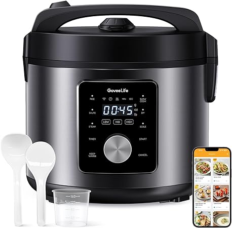 GoveeLife Smart Rice Cooker, 6-in-1 Multi-Cooker, Slow Cooker, Yogurt Maker, Saute Pan, Steamer, Food Warmer, 1000W, 10-Cup Uncooked 5.2 Quart, Includes App with 30 Recipes