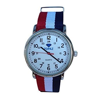 Topaz Unisex T10BZ113 Any Time Casual Weekend Silver-Tone Watch with Red,White and Blue Nylon Band.